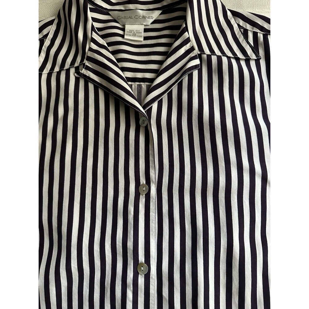 Vintage 100% Silk Casual Corner Womens Top Size XS Black White Stripe Button-Up - Picture 13 of 15